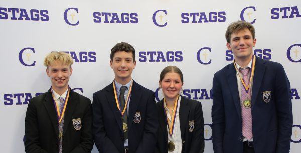 Undergraduate of the Year Alex Royle and Cheverus Award winners Sam Minervino, Sydney Kutz, and Jameson Fitzpatrick.